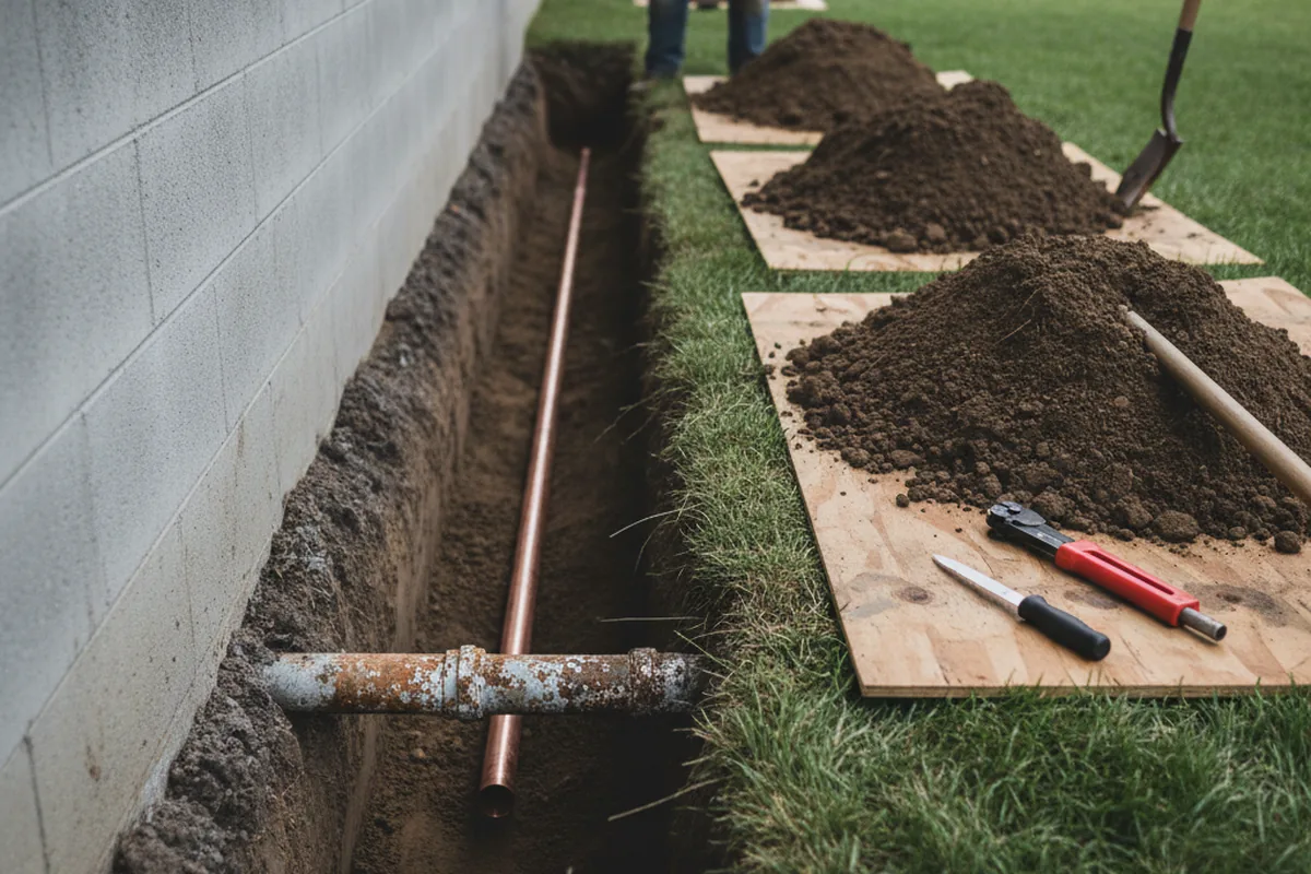 Excavated water line trench during Water Softener Installation in Oglesby